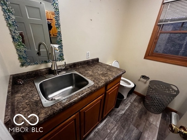 bathroom with hardwood / wood-style flooring, vanity, and toilet