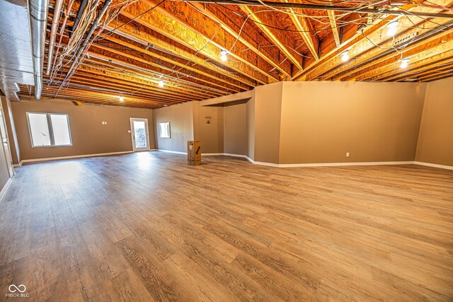 basement with hardwood / wood-style flooring