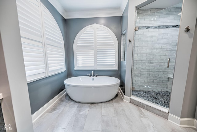 808 Copperfield Xing, Danville, IN 46122 - bathroom featuring ornamental molding, a shower stall, a freestanding tub, and baseboards