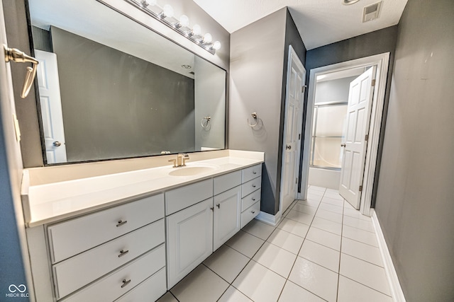 bathroom featuring vanity, tile patterned flooring, and shower / bathing tub combination