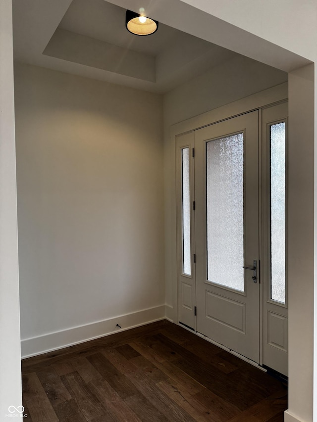 foyer entrance with dark hardwood / wood-style floors and a raised ceiling