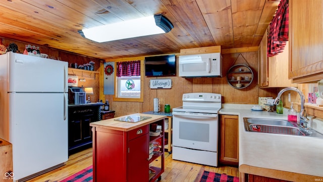 kitchen with sink, wood ceiling, light wood-type flooring, and white appliances