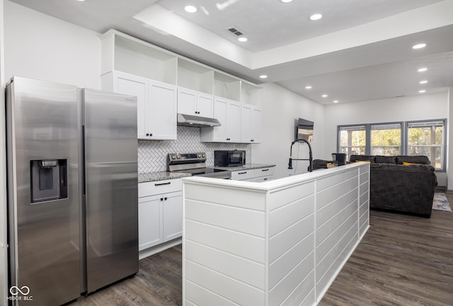 2221 E Michigan St, Indianapolis, IN 46201 - kitchen with white cabinets, appliances with stainless steel finishes, under cabinet range hood, open floor plan, and recessed lighting
