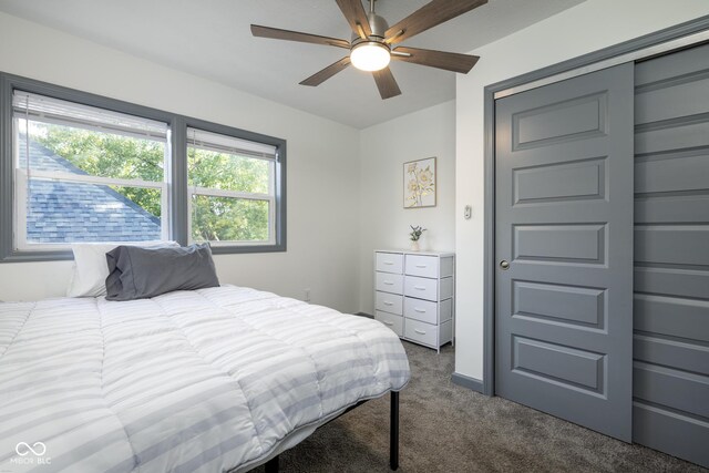 2221 E Michigan St, Indianapolis, IN 46201 - bedroom featuring dark colored carpet, a ceiling fan, and a closet