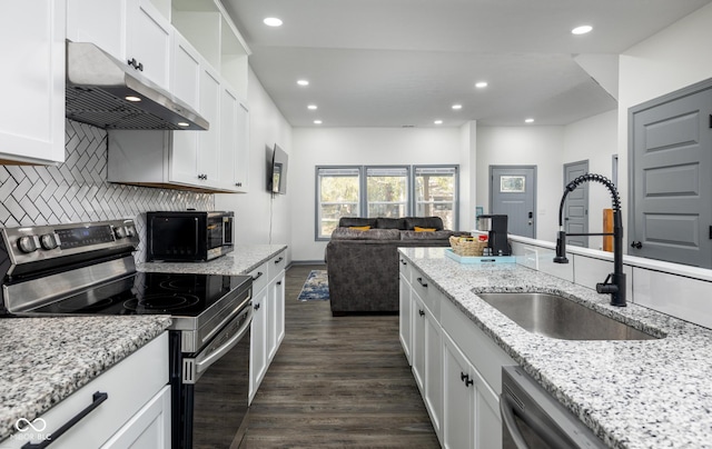 2221 E Michigan St, Indianapolis, IN 46201 - kitchen featuring a sink, stainless steel appliances, dark wood-style floors, under cabinet range hood, and open floor plan