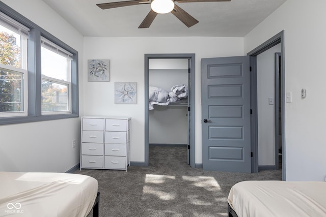 2221 E Michigan St, Indianapolis, IN 46201 - bedroom with a closet, dark colored carpet, baseboards, a spacious closet, and a ceiling fan
