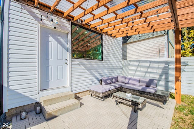 view of patio / terrace featuring an outdoor hangout area and a pergola