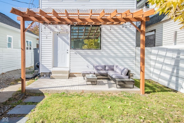 exterior space with a pergola, a yard, and outdoor lounge area