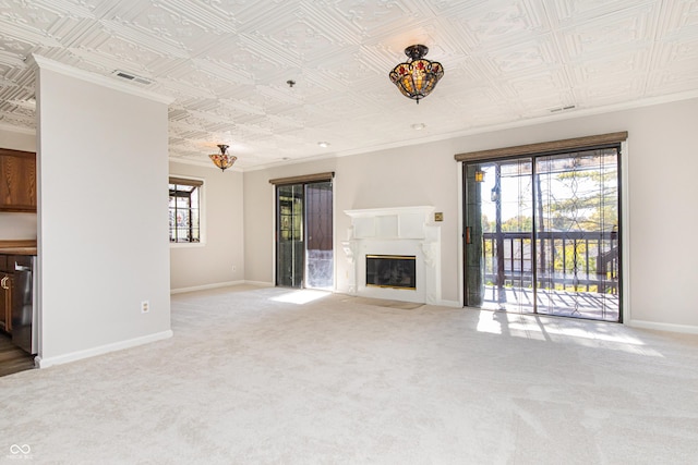 8168 Shorewalk Dr Unit A, Indianapolis, IN 46236 - unfurnished living room featuring visible vents, baseboards, an ornate ceiling, a high end fireplace, and carpet flooring