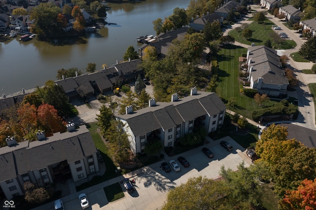 drone / aerial view with a water view