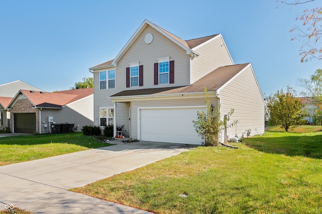 view of front of property with a front yard and a garage