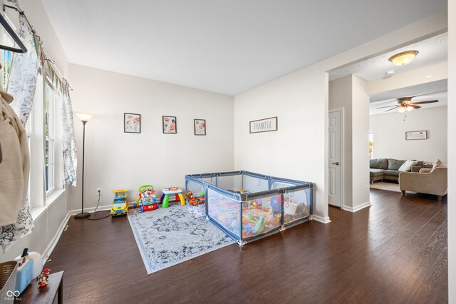 rec room featuring ceiling fan and dark hardwood / wood-style flooring