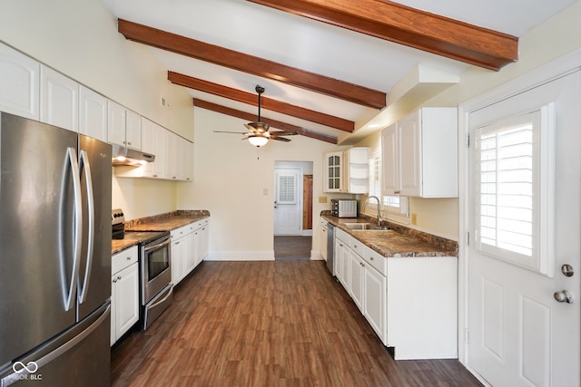 kitchen featuring lofted ceiling with beams, sink, dark wood-type flooring, stainless steel appliances, and white cabinets