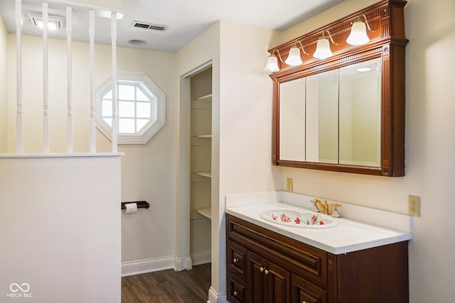 bathroom with vanity and wood-type flooring