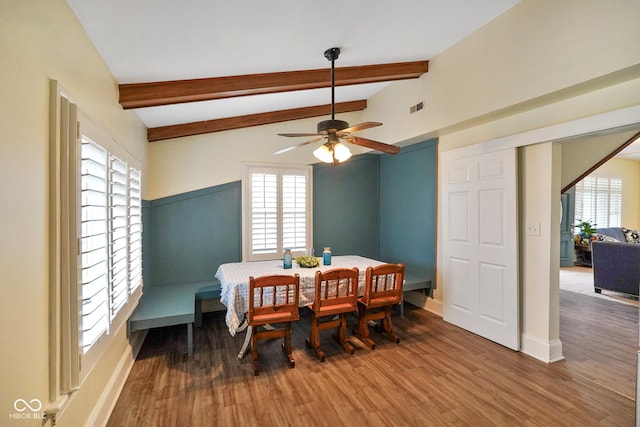 232 N Church St, Morgantown, IN 46160 - dining area with wood finished floors, visible vents, baseboards, lofted ceiling with beams, and ceiling fan