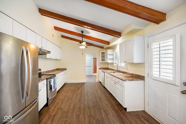232 N Church St, Morgantown, IN 46160 - kitchen featuring a sink, ceiling fan, appliances with stainless steel finishes, white cabinets, and under cabinet range hood