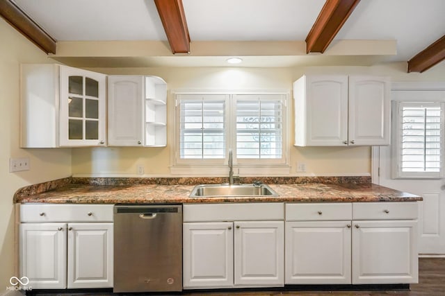 232 N Church St, Morgantown, IN 46160 - kitchen featuring dark countertops, dishwasher, a sink, beamed ceiling, and white cabinetry