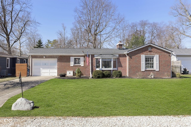 ranch-style house featuring concrete driveway, an attached garage, brick siding, and a front yard