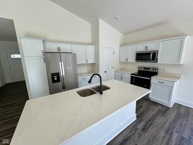 kitchen featuring white cabinets, dark wood-style floors, appliances with stainless steel finishes, and a sink