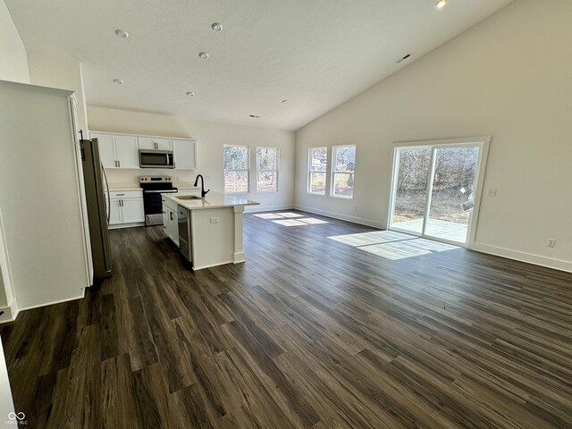 kitchen with dark wood-type flooring, open floor plan, light countertops, appliances with stainless steel finishes, and a sink