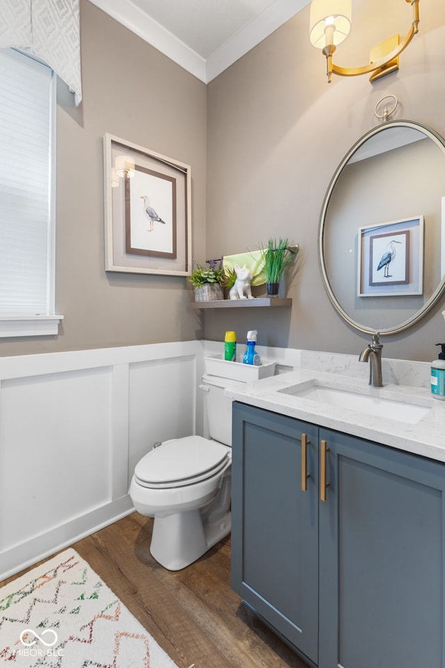 bathroom with vanity, ornamental molding, wood-type flooring, and toilet