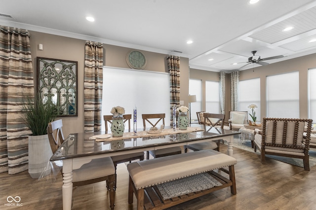 dining room featuring ornamental molding, dark hardwood / wood-style floors, and ceiling fan