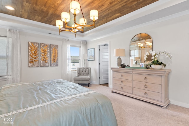 bedroom with a chandelier, wood ceiling, light colored carpet, and a raised ceiling