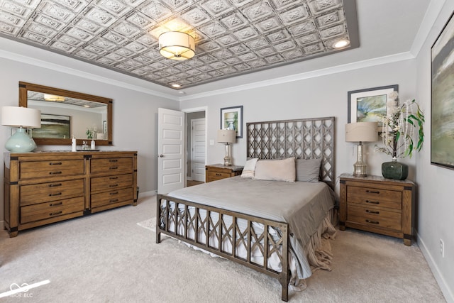 carpeted bedroom featuring crown molding