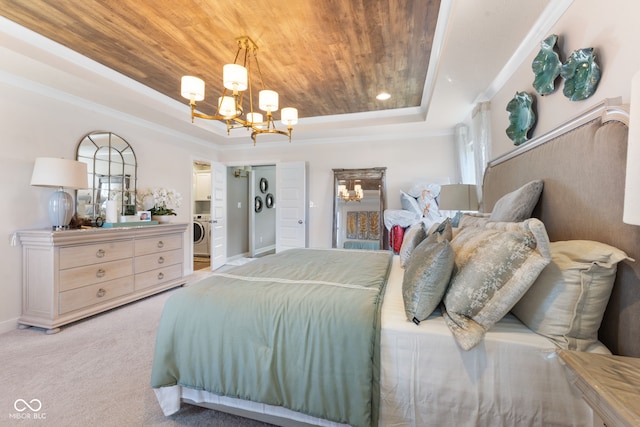 bedroom with light colored carpet, a chandelier, wooden ceiling, and a tray ceiling