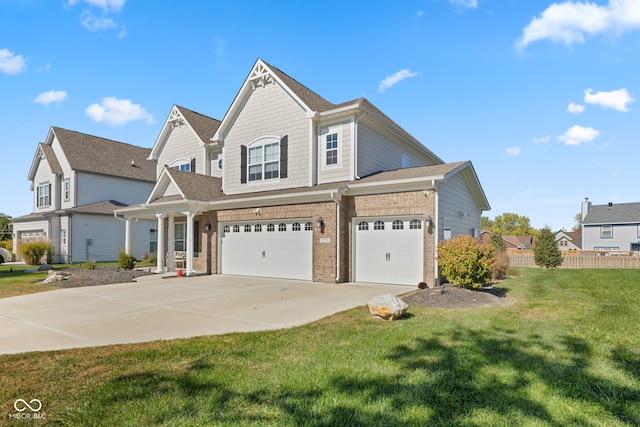 view of front of home with a front yard and a garage