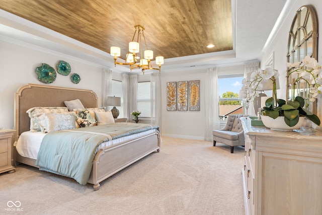 bedroom featuring light carpet, a raised ceiling, wooden ceiling, and a chandelier