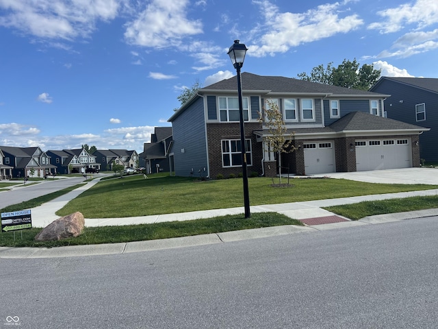 view of front of house with a front yard, a residential view, concrete driveway, a garage, and brick siding