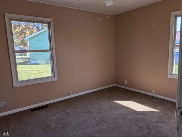 unfurnished room with carpet floors, a healthy amount of sunlight, and ceiling fan