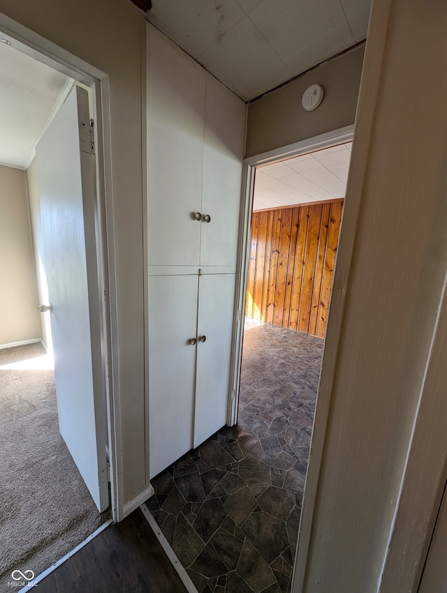 hallway with wooden walls and dark carpet