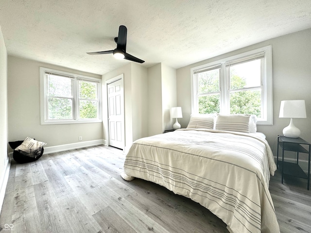 bedroom featuring light hardwood / wood-style floors, multiple windows, a textured ceiling, and ceiling fan