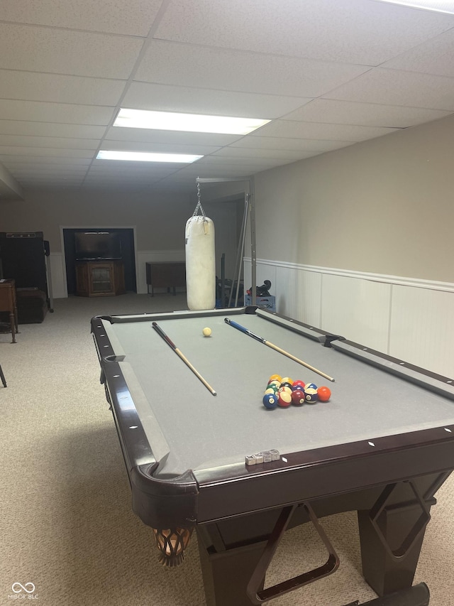 playroom featuring a paneled ceiling, carpet floors, and pool table