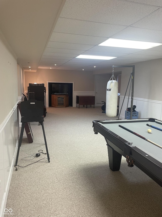 playroom featuring a paneled ceiling, carpet floors, and pool table