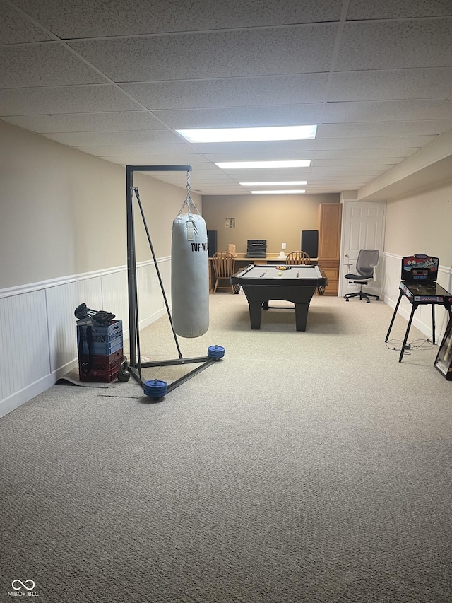 game room with carpet flooring, a drop ceiling, and billiards