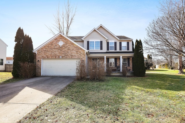 traditional-style home featuring brick siding, covered porch, a garage, driveway, and a front lawn