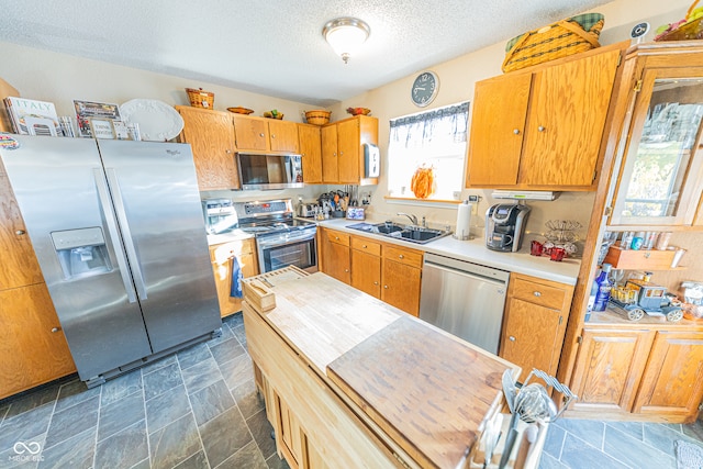 kitchen with stainless steel appliances, a textured ceiling, and sink