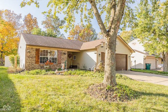 ranch-style house with a garage and a front lawn