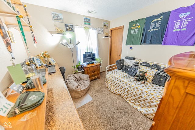 living room with a textured ceiling and carpet flooring