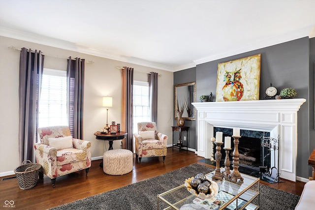 living room with ornamental molding, dark hardwood / wood-style floors, and a high end fireplace