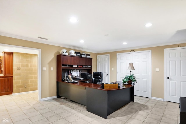 home office with light tile patterned flooring and ornamental molding