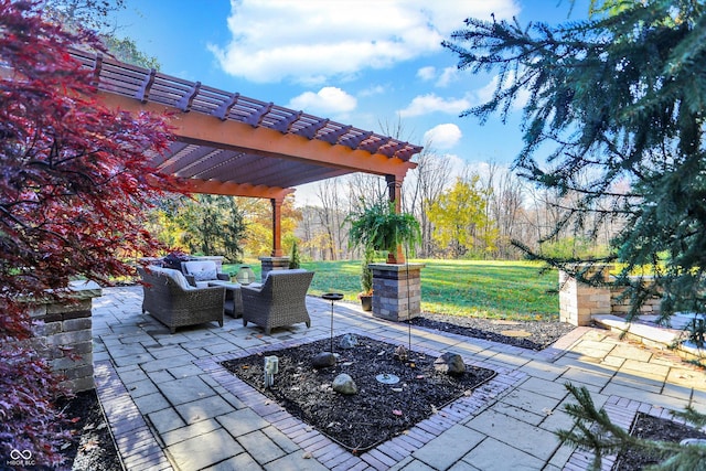 view of patio with outdoor lounge area and a pergola