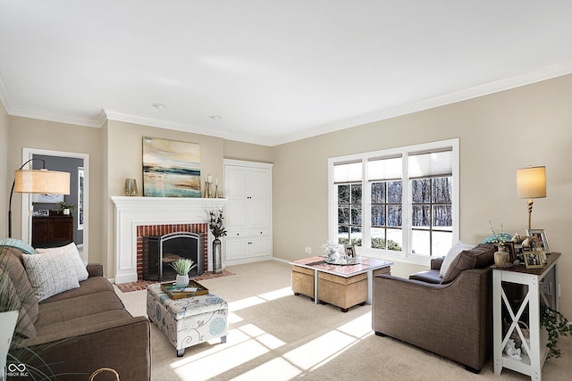 carpeted living room with crown molding and a brick fireplace