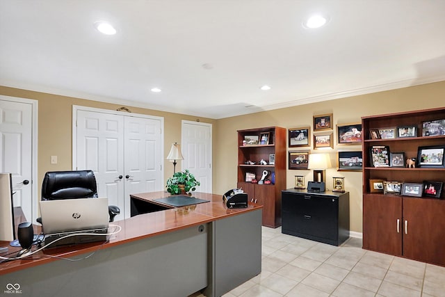 tiled office featuring crown molding