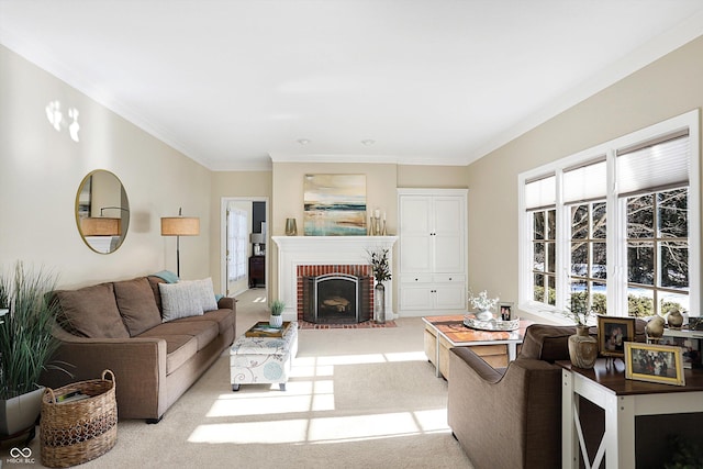 carpeted living room featuring crown molding and a brick fireplace