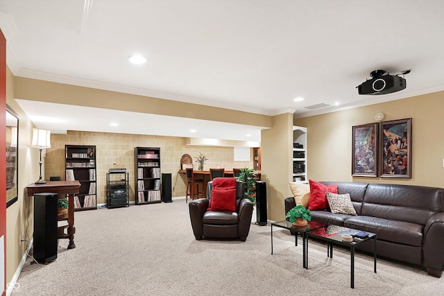 carpeted living room with ornamental molding