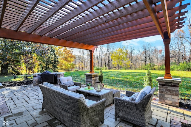 view of patio / terrace featuring an outdoor hangout area and a pergola